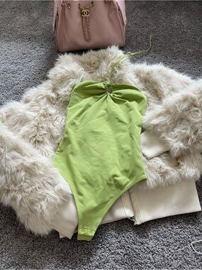 Babaton Lime Green Halter One-Piece Bodysuit